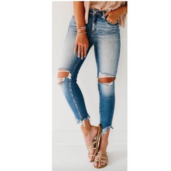 KANCAN Busted Knee Skinny Jeans Stretch Denim Raw Hem 5 26 High Rise Distressed - Picture 1 of 11